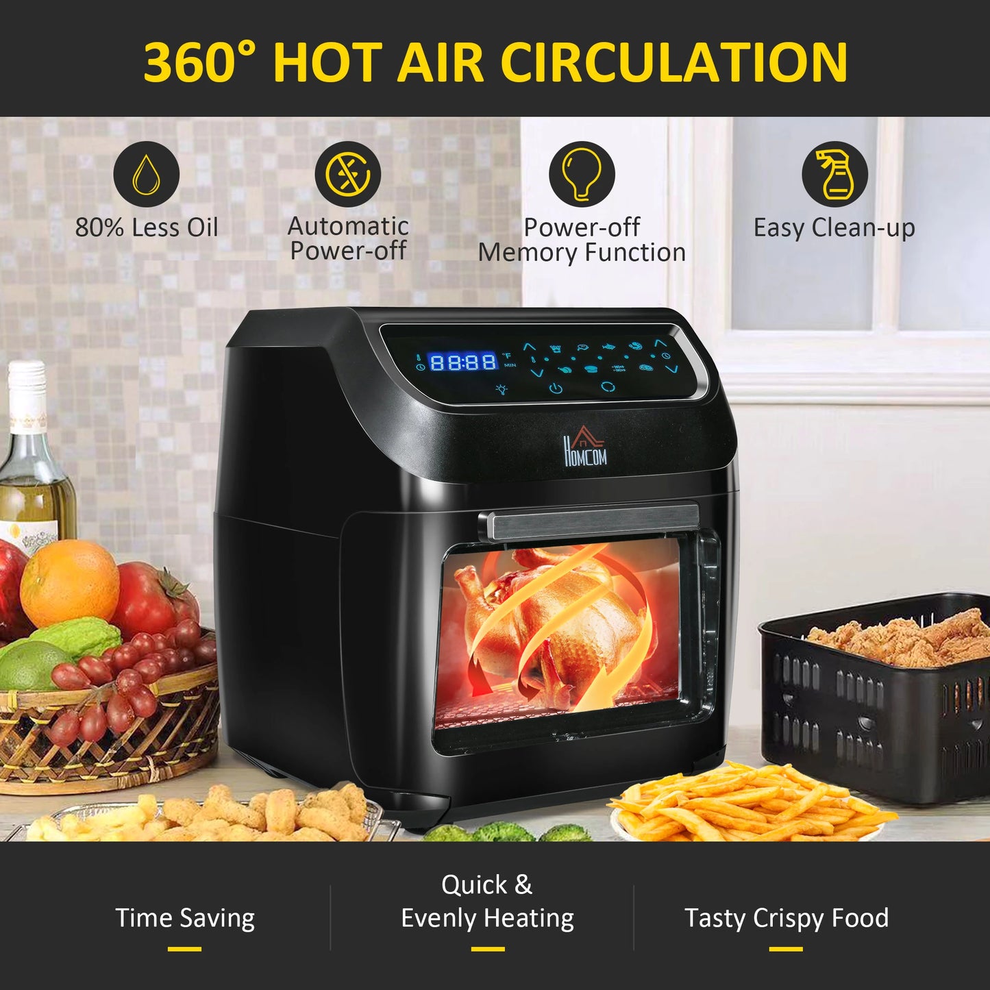 Air Fry Oven, 12Qt 8 In 1 Countertop Oven Combo with Air Fry, Roast, Broil, Bake and Dehydrate, 1700W with Accessories and LED Display, Black