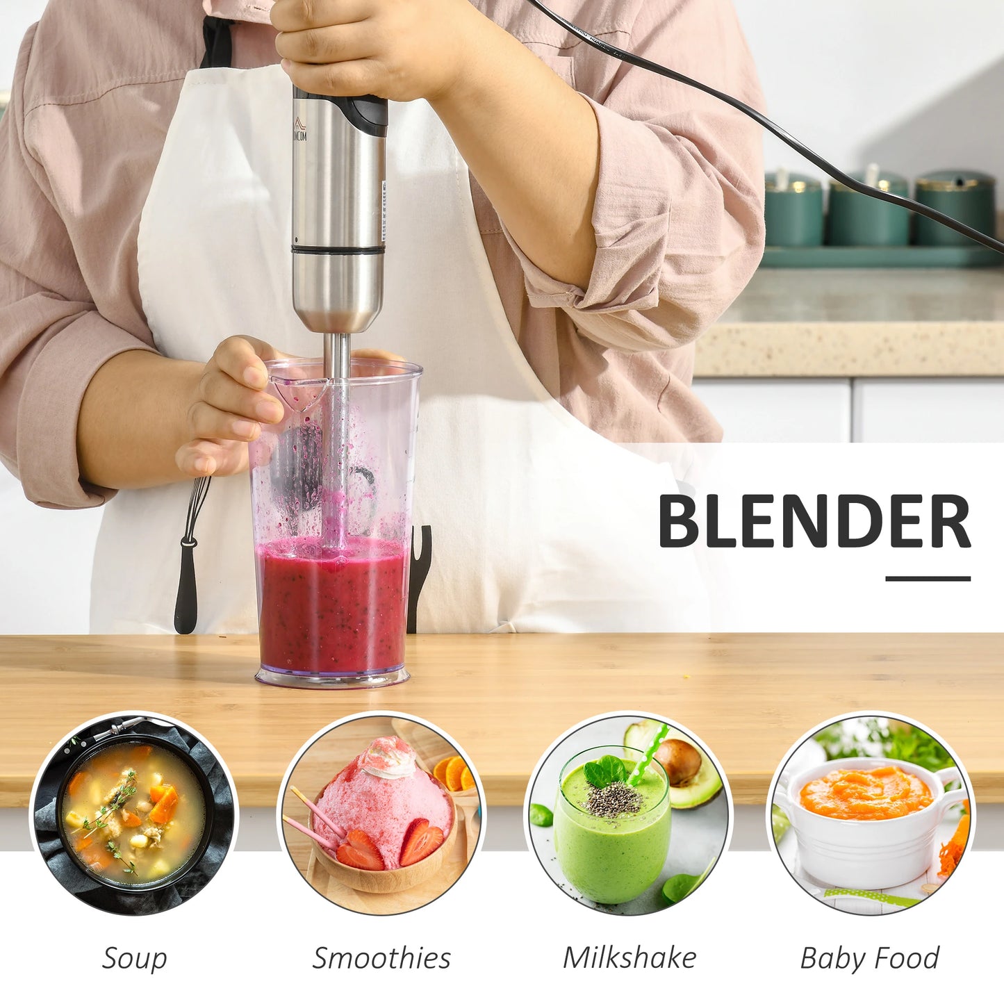 Immersion Hand Blender, 400W 4-In-1 Handheld Stick Blender with Adjustable Speed, 500ml Chopper, Egg Whsk, 800ml Measuring Cup, Stainless Steel Blades for Smoothie, Baby Food, Sauce, Soup