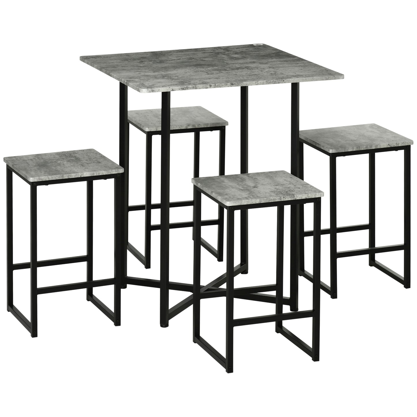 Square Bar Table with Stools, Concrete Effect 5 Pieces Small Kitchen Table and Chairs Set for 4 People, Pub Table Set, Grey