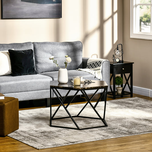 Coffee Table with High Gloss Marble Tabletop, Modern Cocktail Table with Steel Frame for Living Room, Black