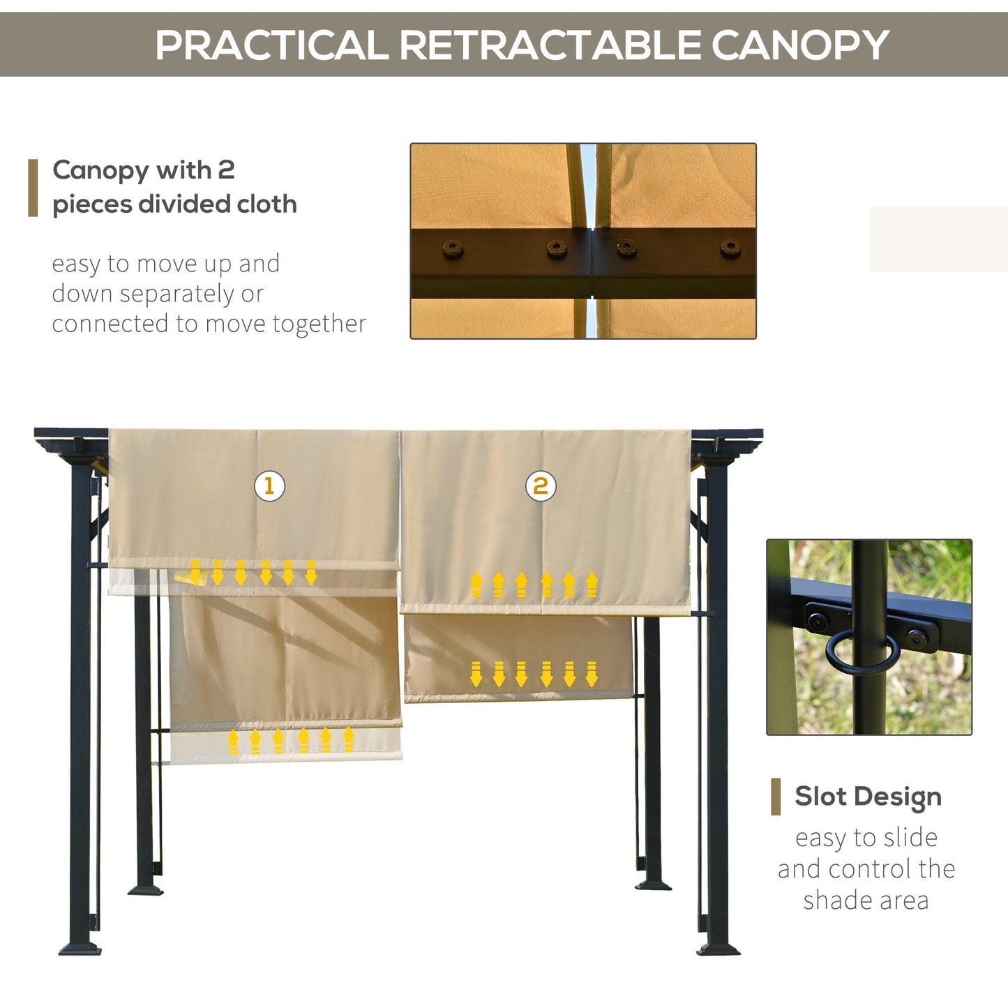 12' x 10' Outdoor Patio Gazebo Pergola with Retractable Canopy Roof, Steel Frame with Stakes, Unique Design, Beige