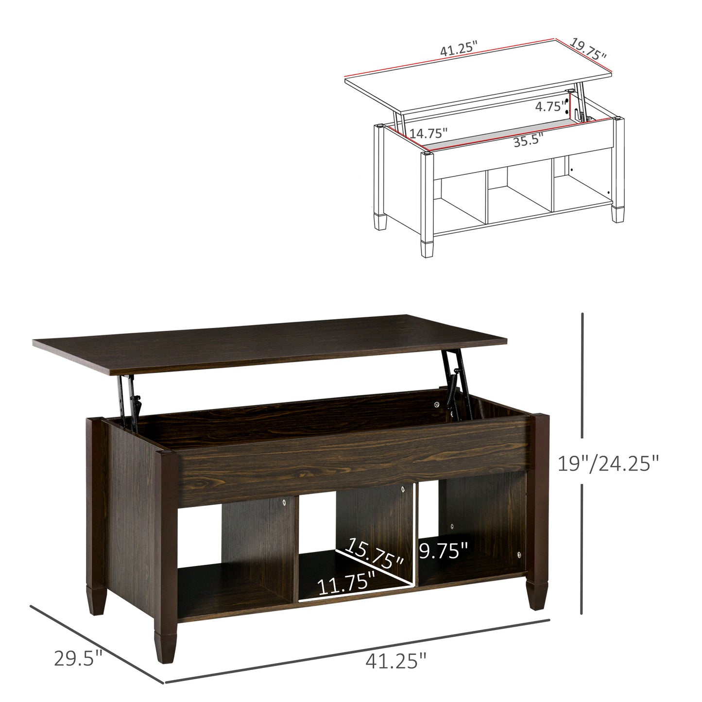 Lift Top Coffee Table with Hidden Storage Compartment and 3 Lower Shelves, Pop-Up Center Table for Living Room, Espresso