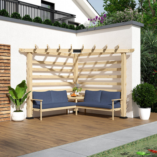 Outsunny 9' x 9' Corner Pergola with Conversation Set and Cushions, Fir Wood Outdoor Pergola with End Table, Natural and Blue