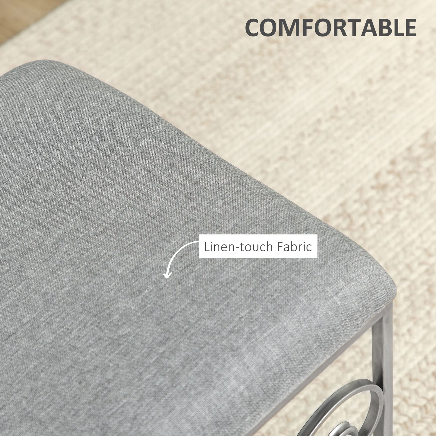 Vintage Foot Stool, French Ottoman with Linen Touch Fabric Upholstered Seat and Steel Base, Vanity Stool for Bedroom, Living Room, Grey