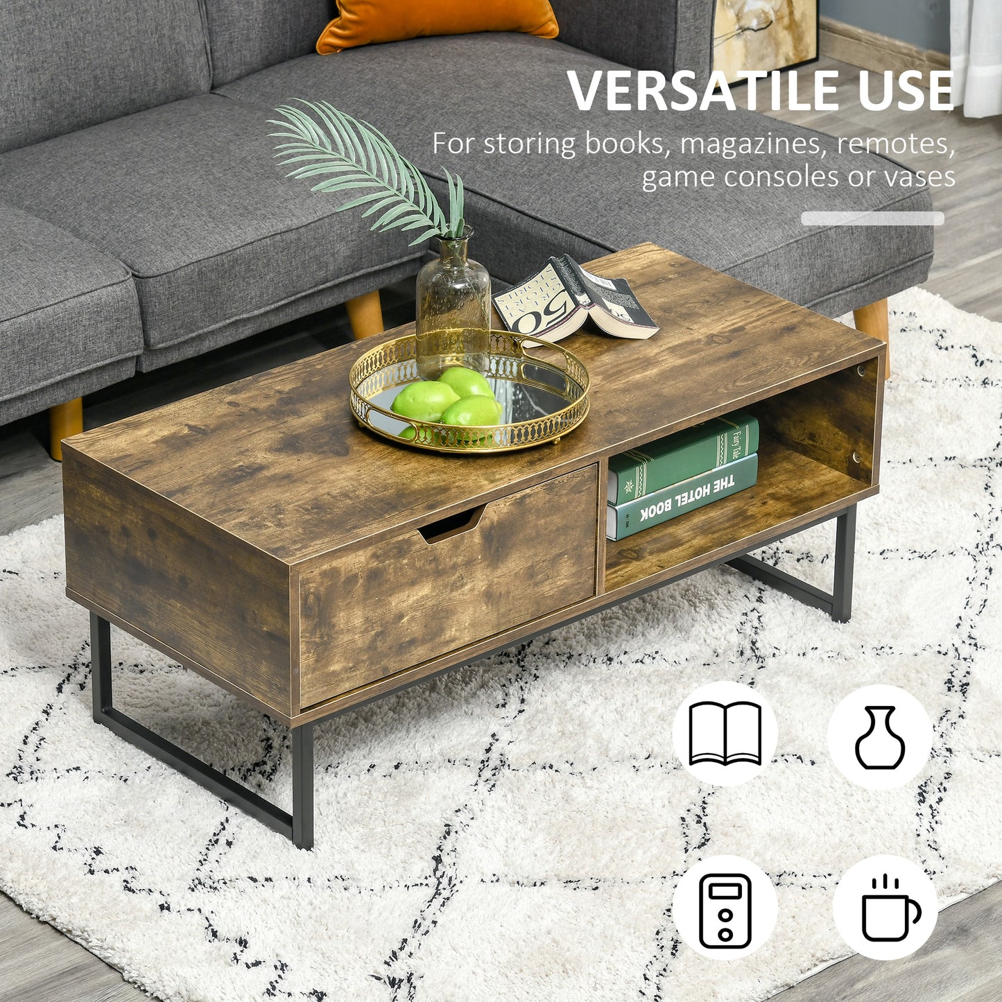 Industrial Coffee Table, Center Table with Drawer and Open Storage Compartment, Steel Legs, for Living Room, Rustic Brown