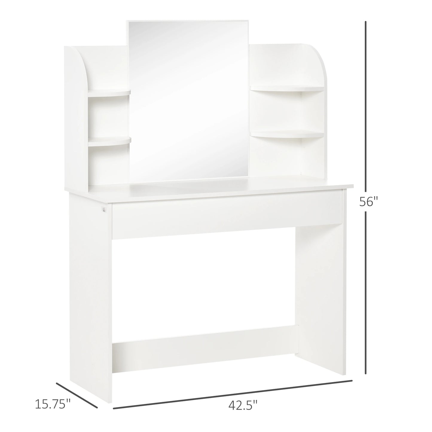 Vanity Table Wood Dressing Table w/ Makeup Mirror, Big Drawers, Open Shelf for Bedroom White