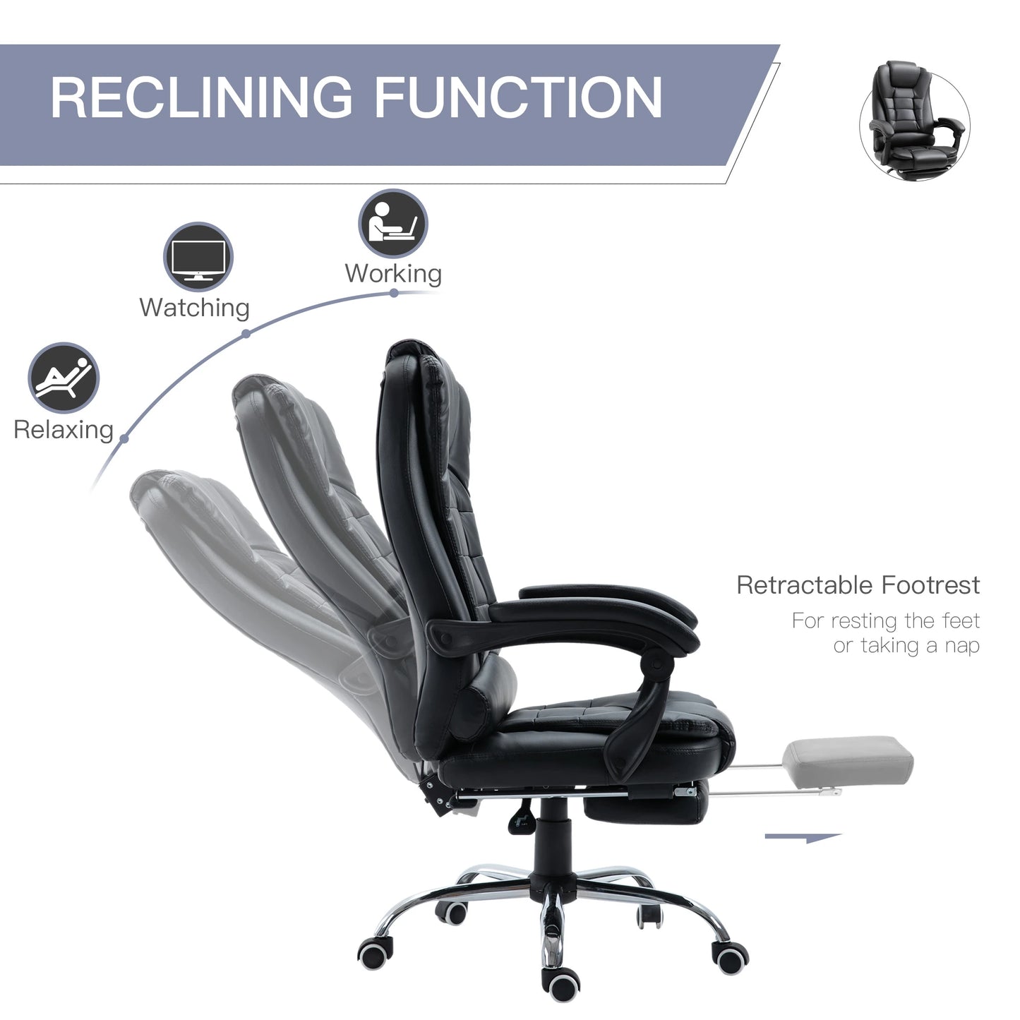 Ergonomic Executive Office Chair High Back PU Leather Reclining Chair with Retractable Footrest Lumbar Support Padded Headrest Armrest Black