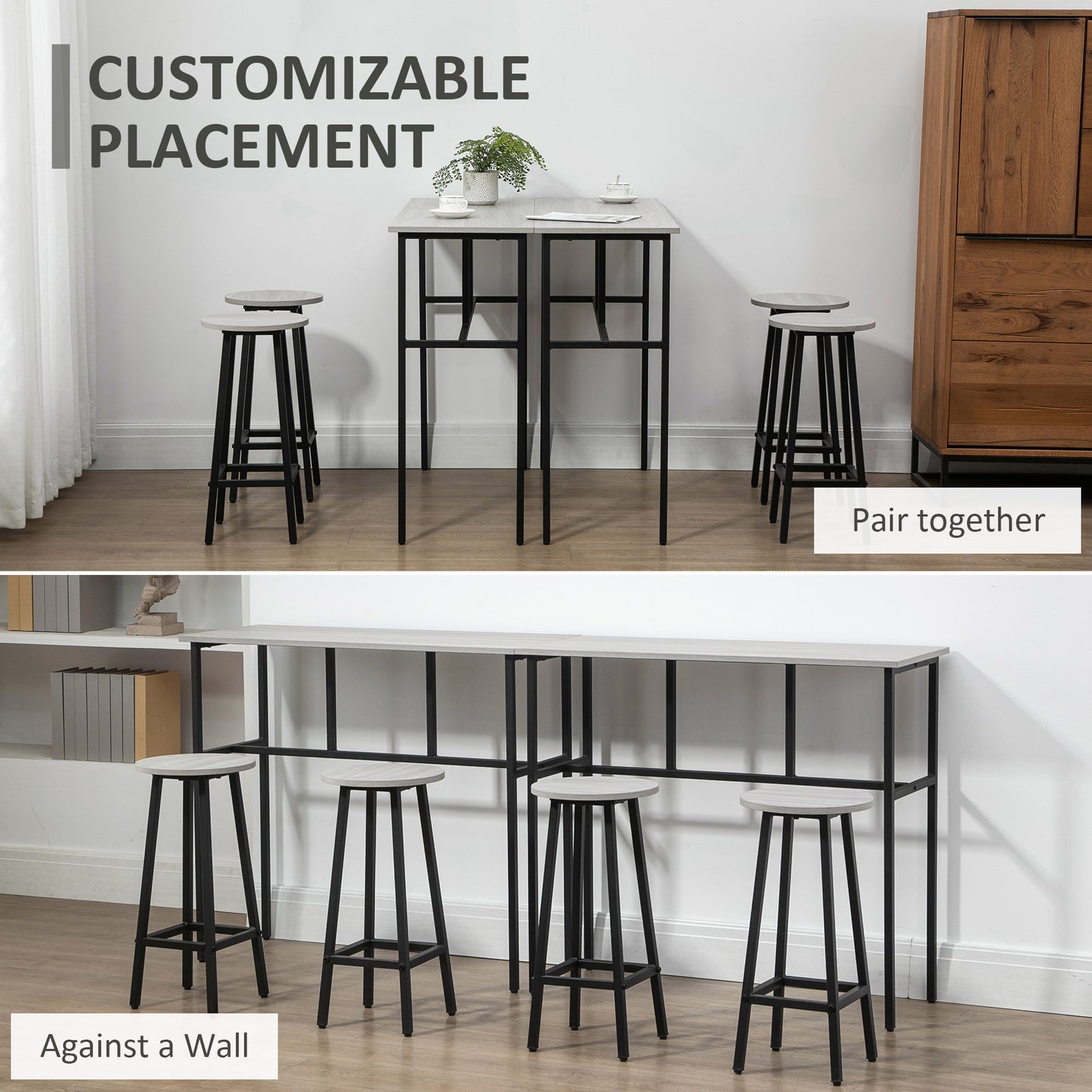 6-Piece Bar Table Set, 2 Breakfast Tables with 4 Stools, Counter Height Dining Tables & Chairs for Kitchen, Living Room, Grey