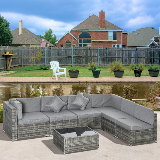 Outsunny 7pc Garden Wicker Sectional Set w/Tea Table Patio Rattan Lounge Sofa with Cushion Outdoor Deck Furniture All Weather Grey