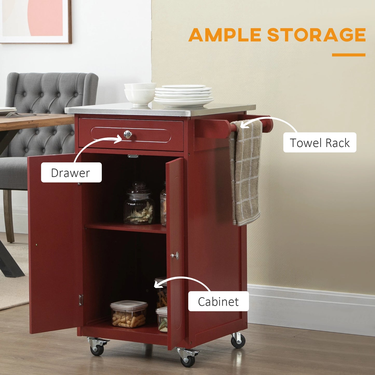 Kitchen Cart, Small Kitchen Island, Stainless Steel Top Utility Trolley on Wheels with Storage Drawer for Dining Room, Kitchen, Red