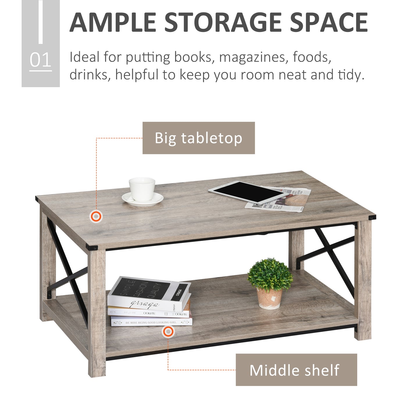 Industrial Coffee Table, Cocktail Table with Bottom Storage Shelf, Metal X-Bar for Living Room Bedroom