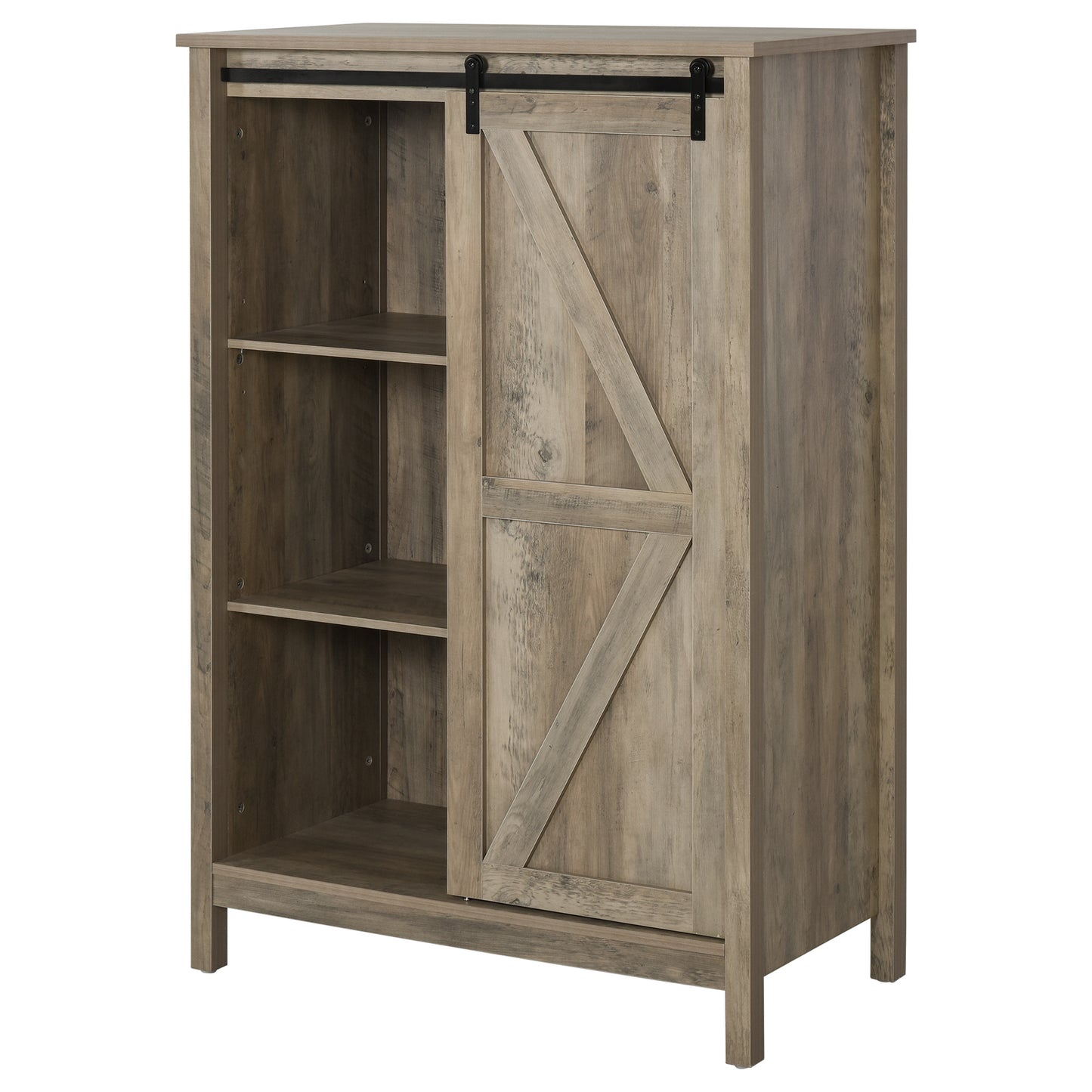 Accent Cabinet, Kictchen Cupboard Storage Cabinet, 3-Tier Organizer with Barn Door and Adjustable Shelf, Antique Grey