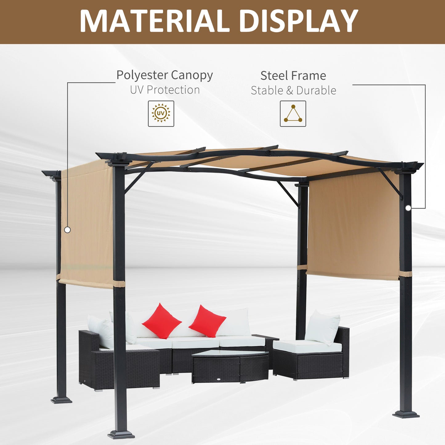 10' x 8' Outdoor Retractable Pergola Garden Gazebo with Two Adjustable Side Canopy Overhead Sun Shade Backyard Canopy Cover Khaki