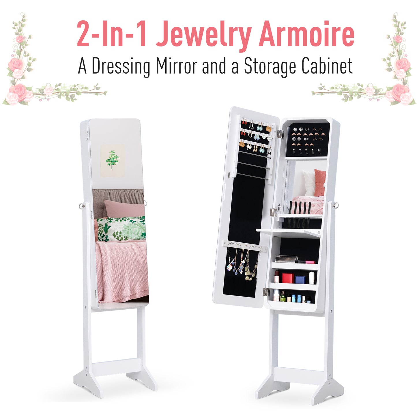 Freestanding Mirrored Jewelry Cabinet, LED Lighted Jewelry Armoire, Storage Organizer with Stand, Angle Adjustable White