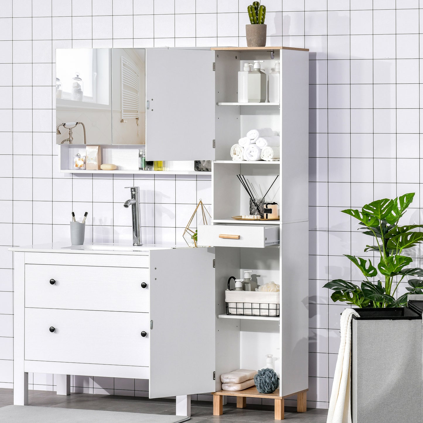 Bathroom Storage Cabinet with Cupboards and Drawer, Floor Free Standing Linen Tower, Tall Slim Side Organizer Shelves, White