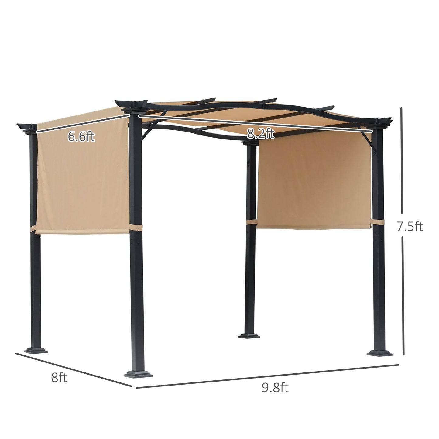 10' x 8' Outdoor Retractable Pergola Garden Gazebo with Two Adjustable Side Canopy Overhead Sun Shade Backyard Canopy Cover Khaki