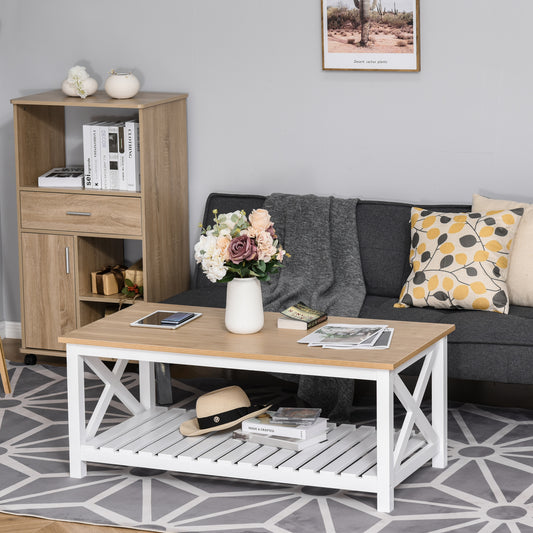 Farmhouse Coffee Table with Slatted Bottom Shelf, Center Table with X Bar Frame for Living Room, White, Natural