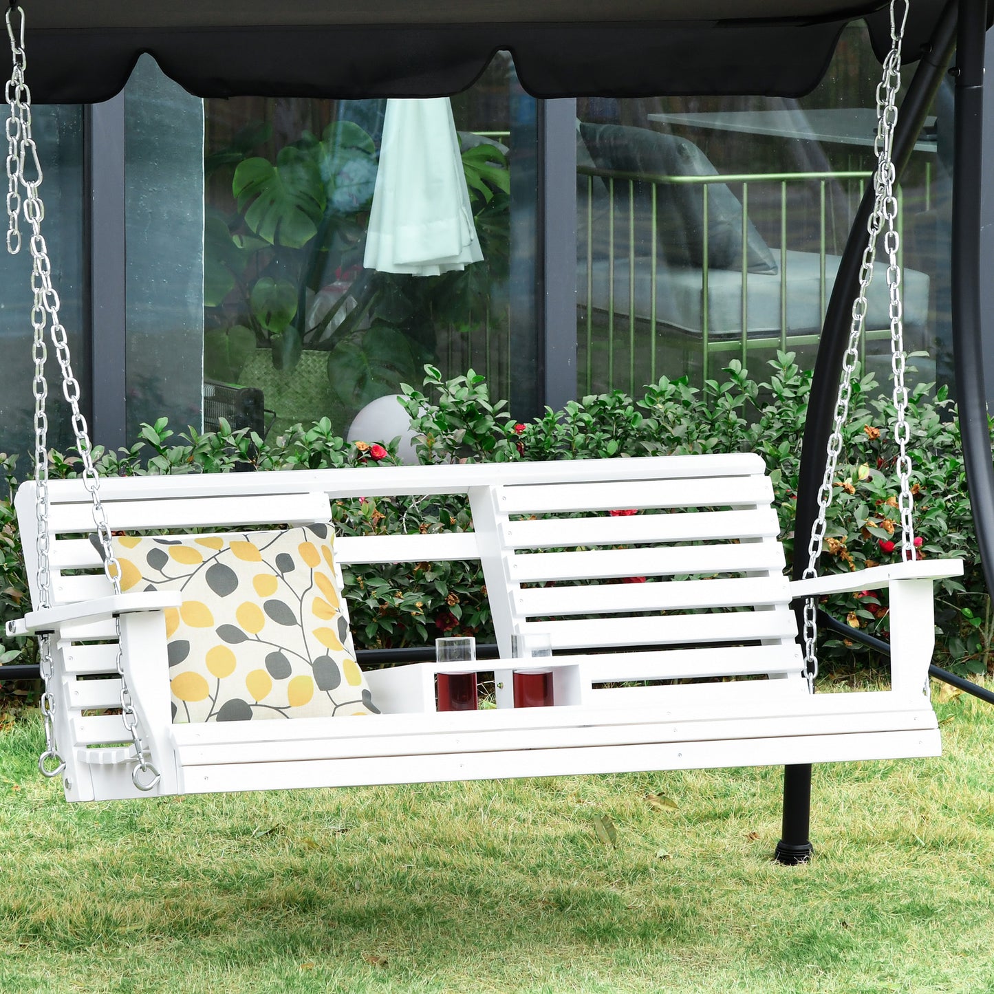 Outsunny 2 to 3 Seater Porch Swing Wood Patio Swing Chair Swing Bench with Foldable Table, Cup Holders, Steel Chains, White