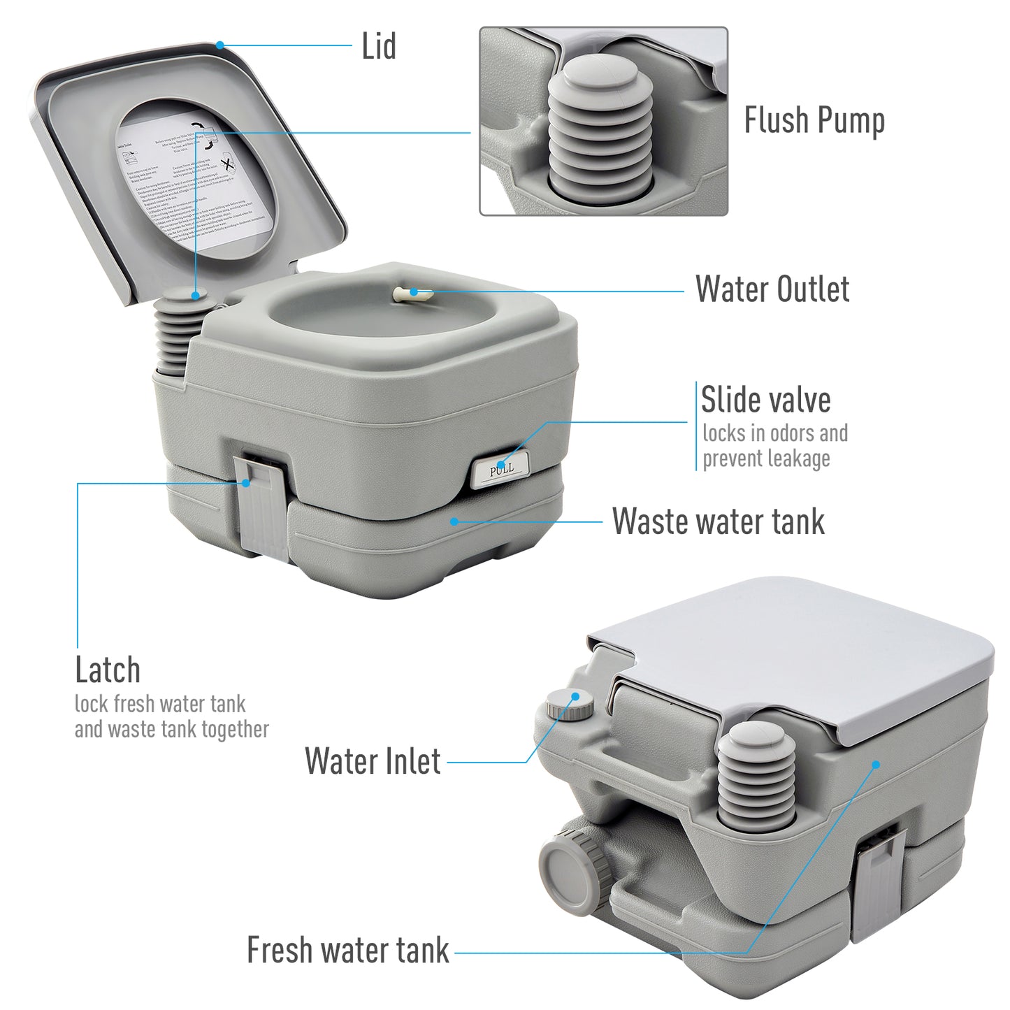 Outsunny Portable Toilet 2.8 Gallon 10L Travel Camping Outdoor Indoor Potty Flush Grey