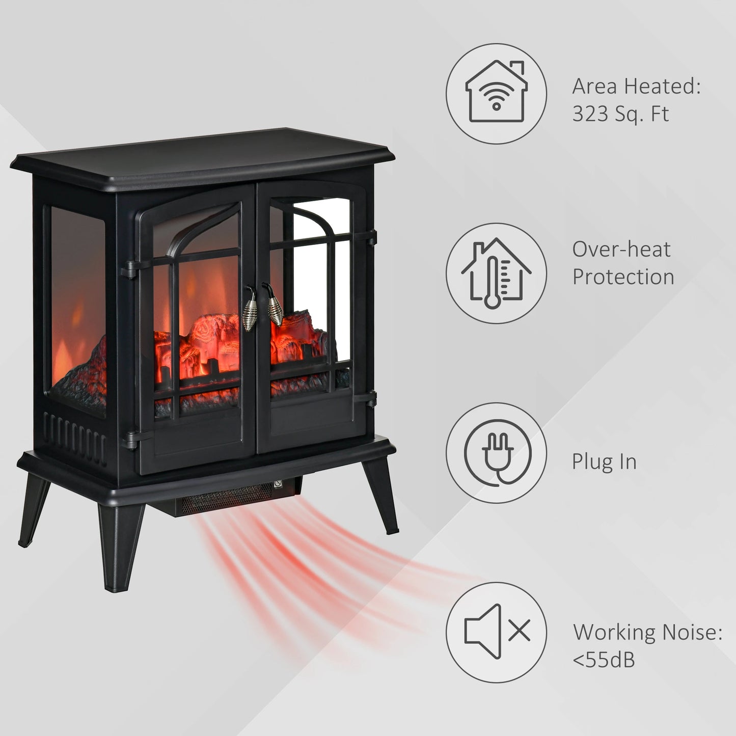 Electric Fireplace Stove, Freestanding Indoor Heater with Realistic Flame Effect, Adjustable Temperature and Overheat Protection, Black