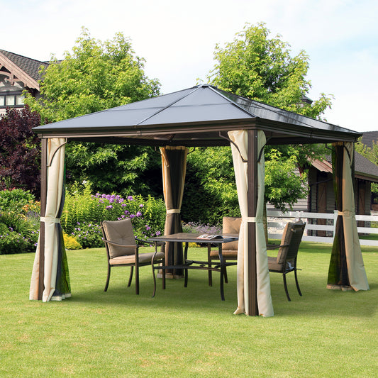 Outsunny 10 x 10 ft Hard Top Gazebo Canopy Heavy Duty Shelter Sun Shade w/ Curtain Beige, Coffee