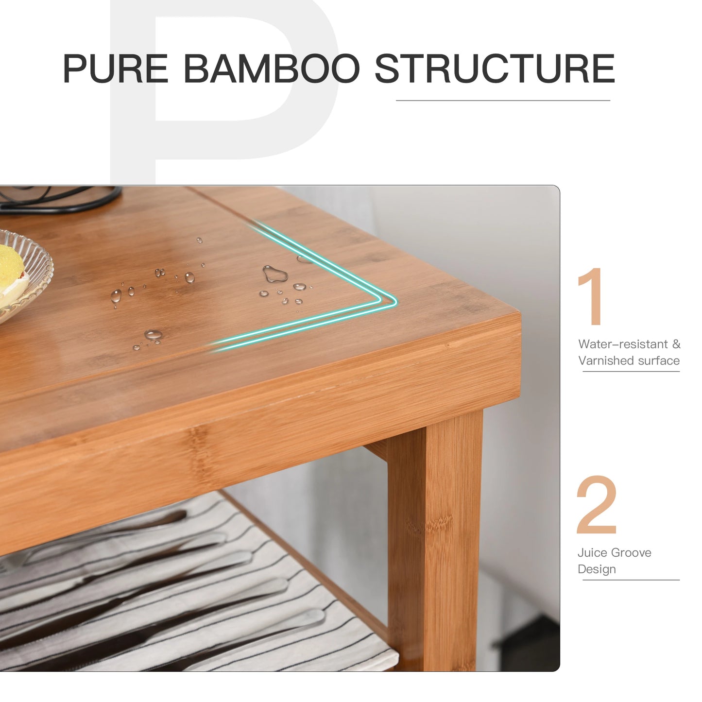 Bamboo Rolling Kitchen Island Trolley with Drawers & Shelves