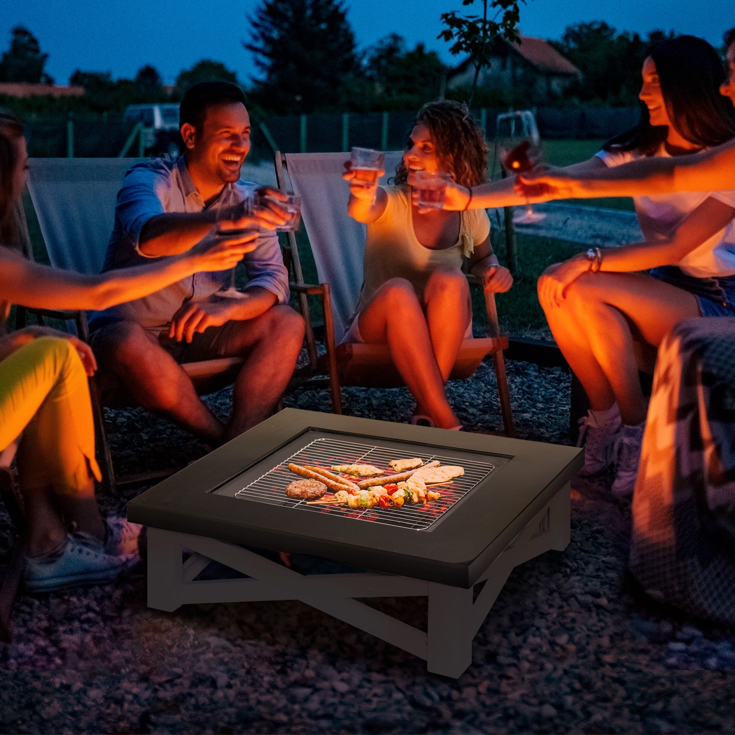 Outsunny 34" Outdoor 3 in 1 Steel Square Fire Pit Square Stove with Spark Screen Cover, Log Grate, Poker, Grill Net for Patio, White & Black