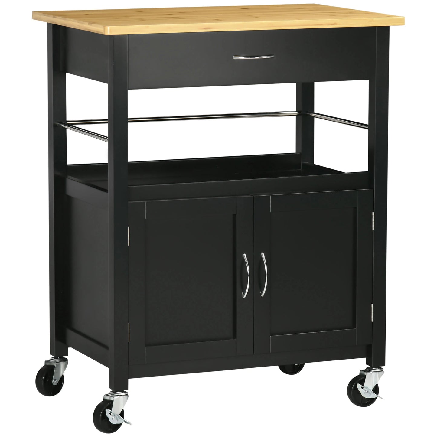 Kitchen Cart, Utility Trolley, Small Kitchen Island with Storage Drawer & Side Hooks for Dining Room, Black