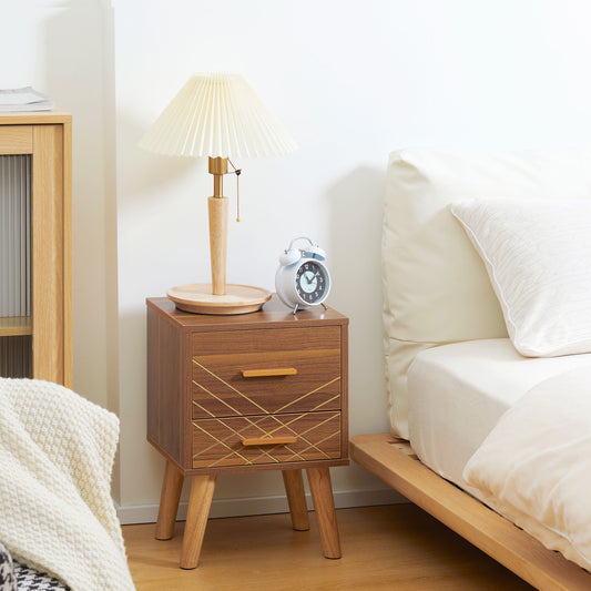 Scandinavian Bedside Table, Side End Table with 2 Drawers and Wood Legs, 13.8" x 12.6" x 20.3", Brown