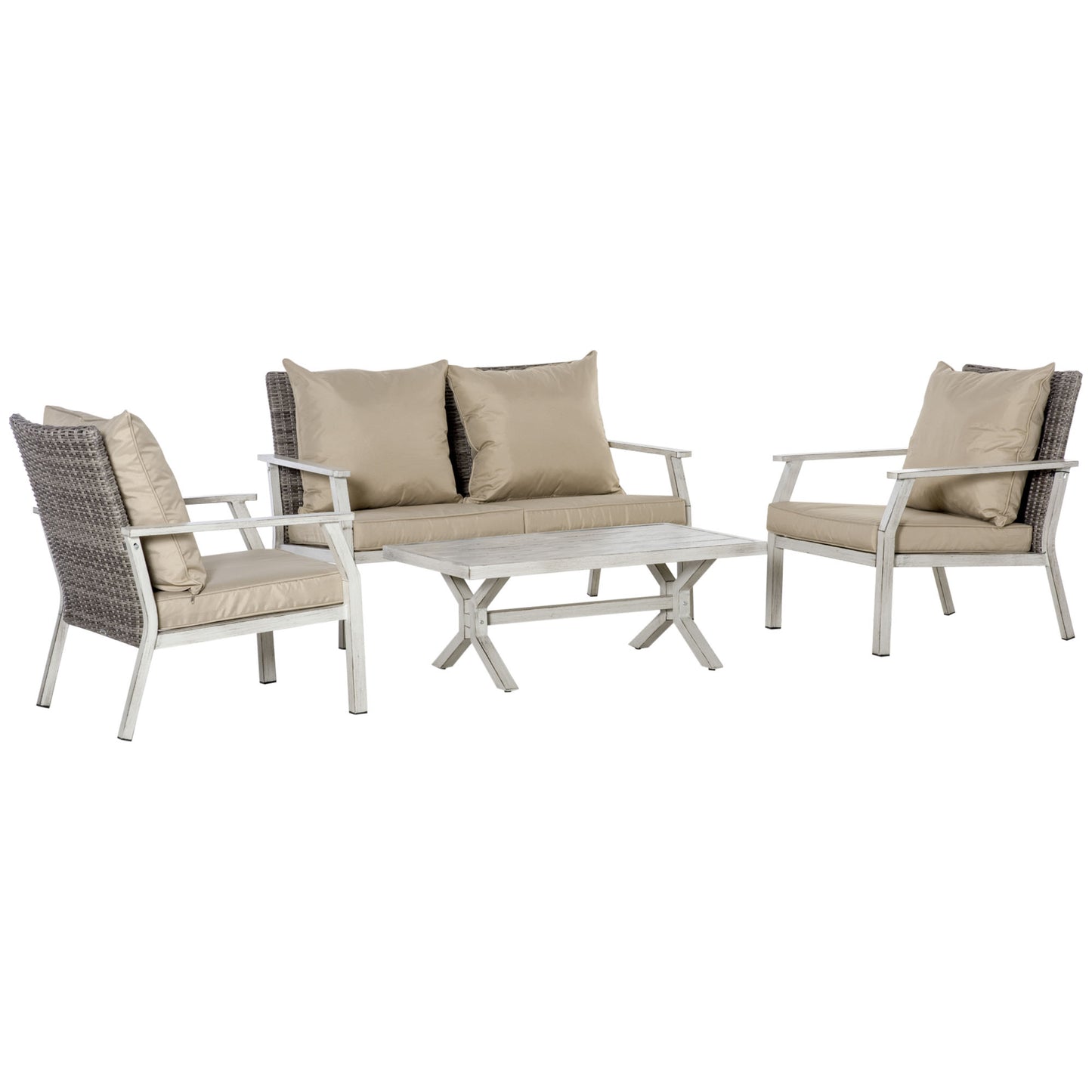 Outsunny 4 Pieces Patio Wicker Sofa Set, Outdoor PE Rattan Aluminum Frame Conservatory Furniture, Lawn Coffee Table w/ Cushions for Backyard, Garden, Patio, Beige