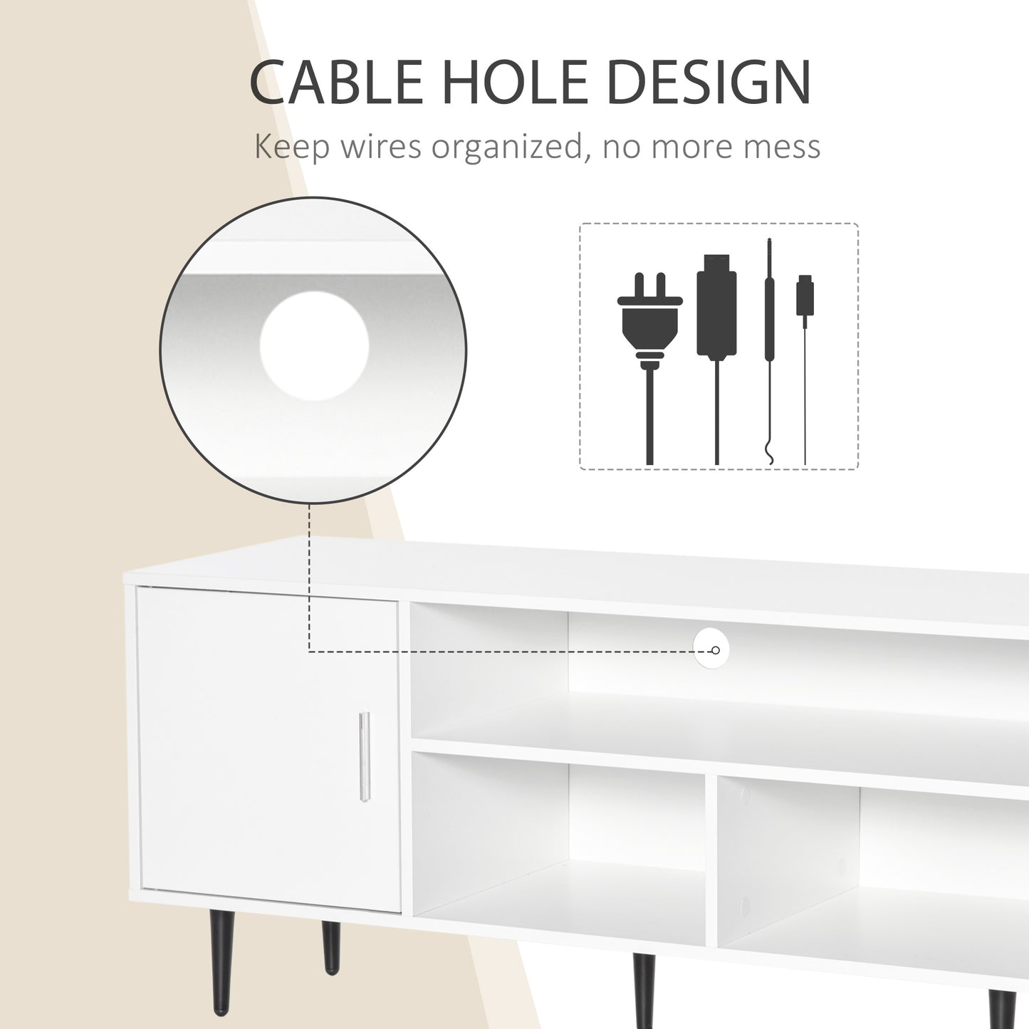 Modern TV Stand Cabinet with Storage Shelf, Cable Hole, Home Entertainment Unit Center, for Living Room Bedroom, White