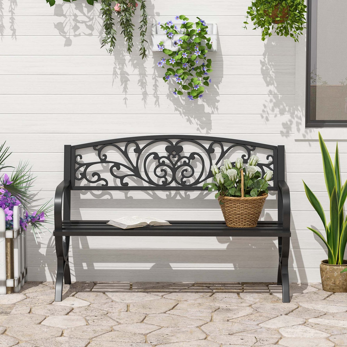 Outsunny 50" 2-Seater Garden Bench, Patio Porch Decorative Chair Cast Iron Loveseat Outdoor Furniture for Yard, Lawn, Porch, Black