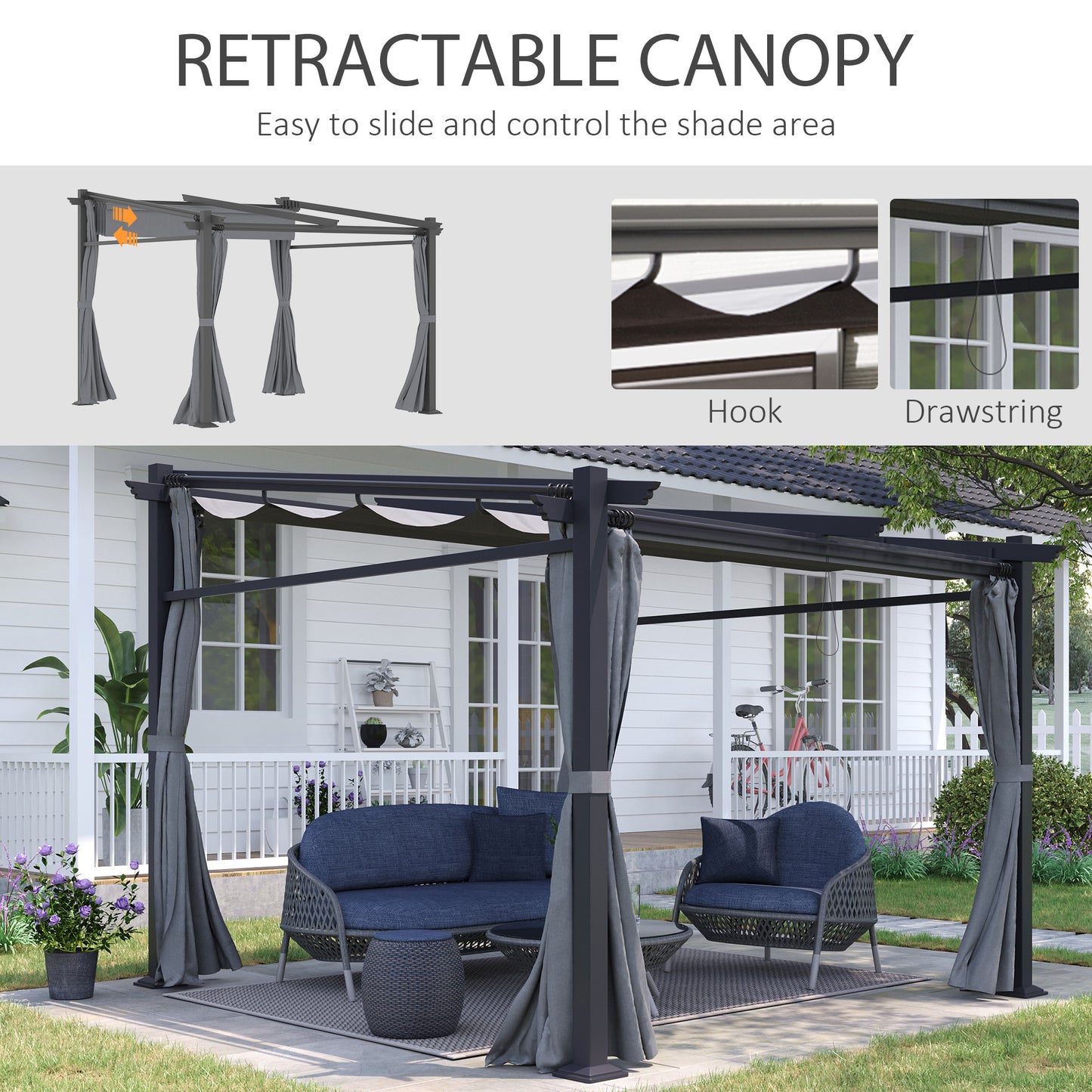 Outsunny Metal Pergola with Sliding Roof Canopy, Retractable Pergola Canopy, 9.7' x 9.7', Dark Grey