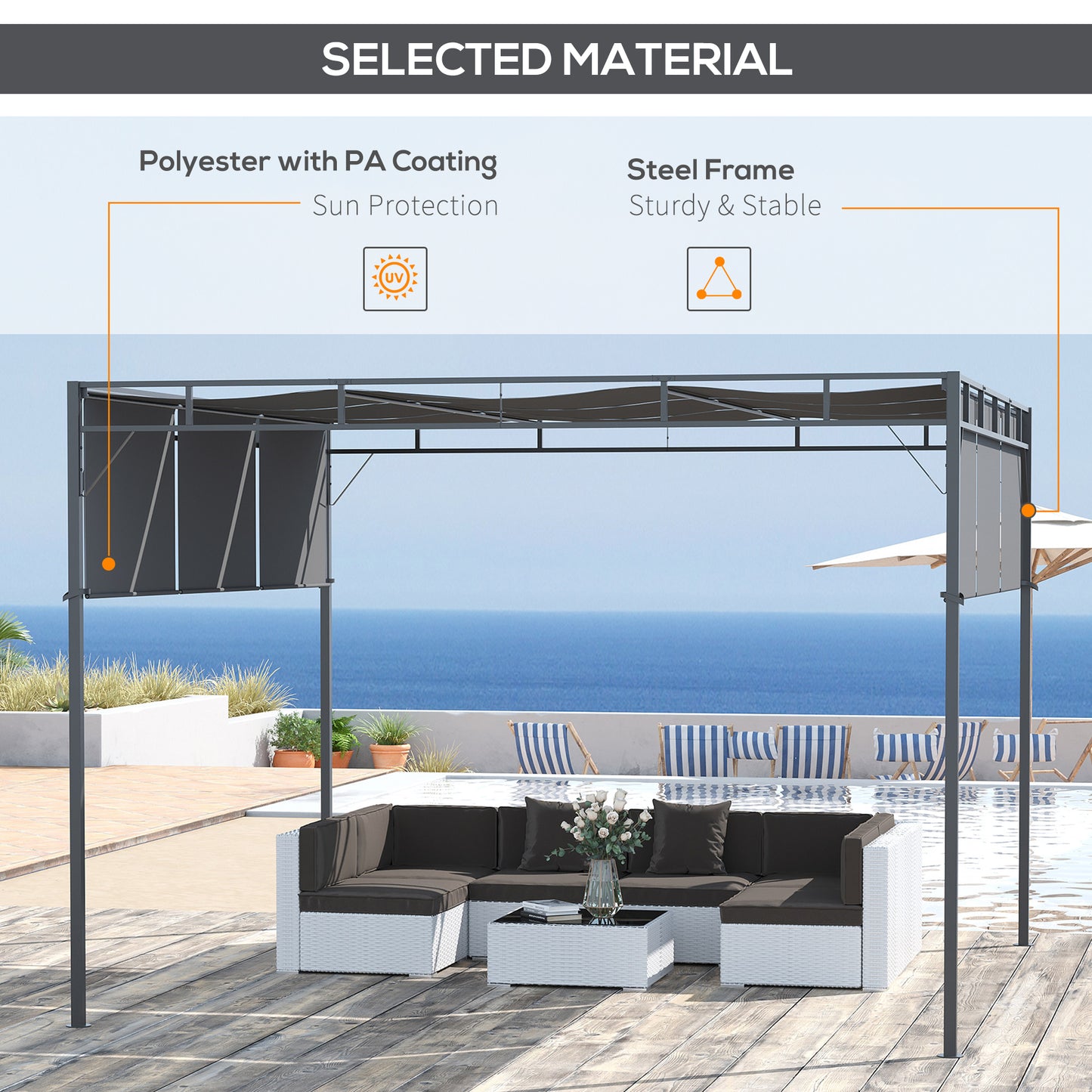 10' x 10' Retractable Pergola Canopy Patio Gazebo Sun Shelter with Steel Frame for Outdoor, Dark Grey