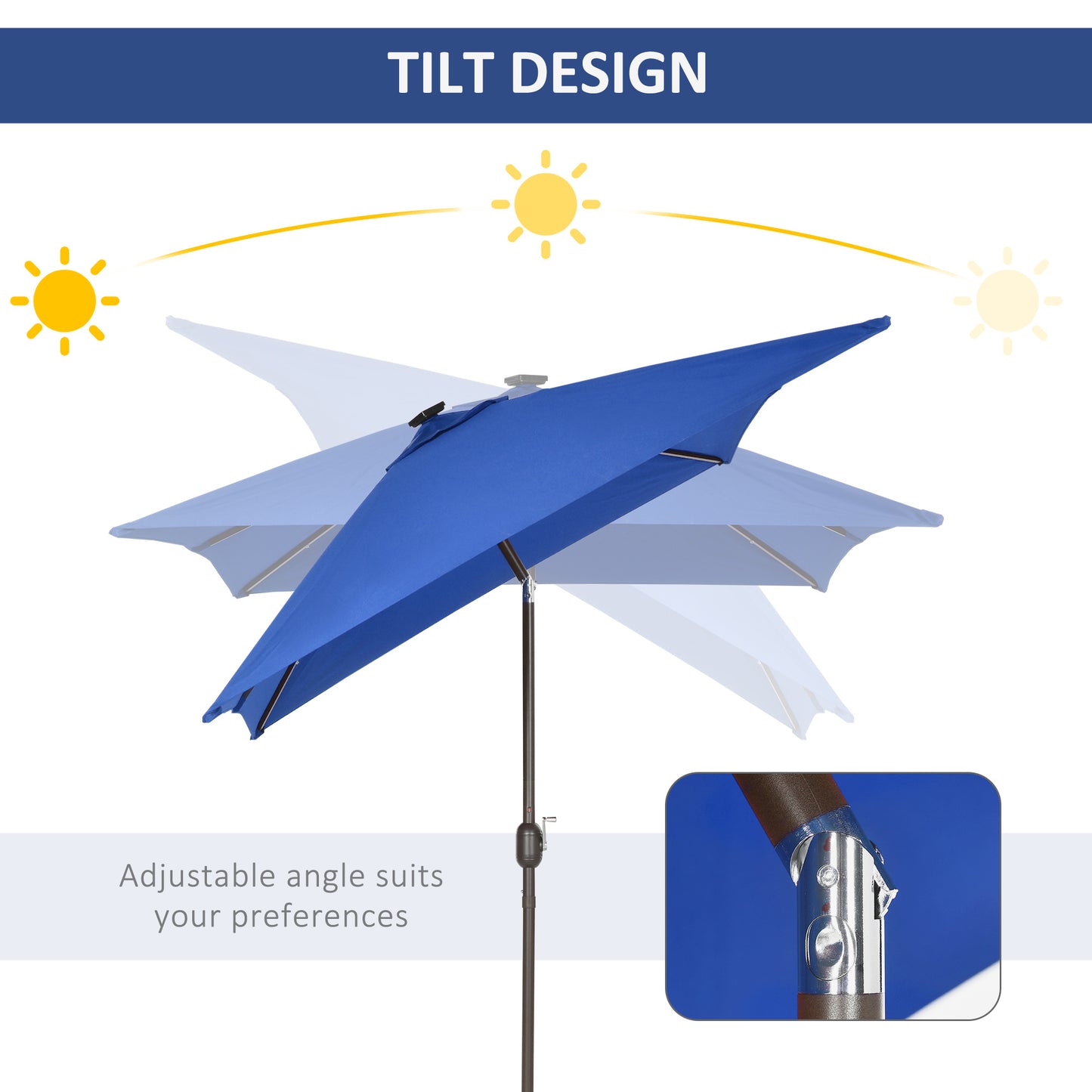 Outsunny 6.5x10ft Patio Umbrella Rectangle Solar Powered Tilt Aluminum Outdoor Market Parasol with LEDs Crank (Dark Blue)