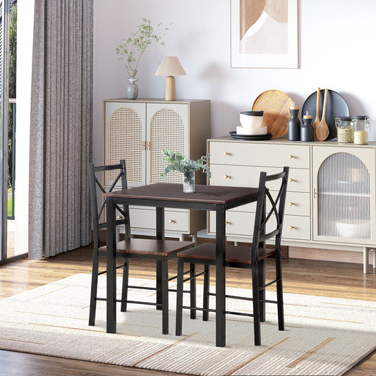 Industrial Dining Table Set of 3, Square Kitchen Table with 2 Chairs Steel Frame Footrest for Small Space, Dark Coffee