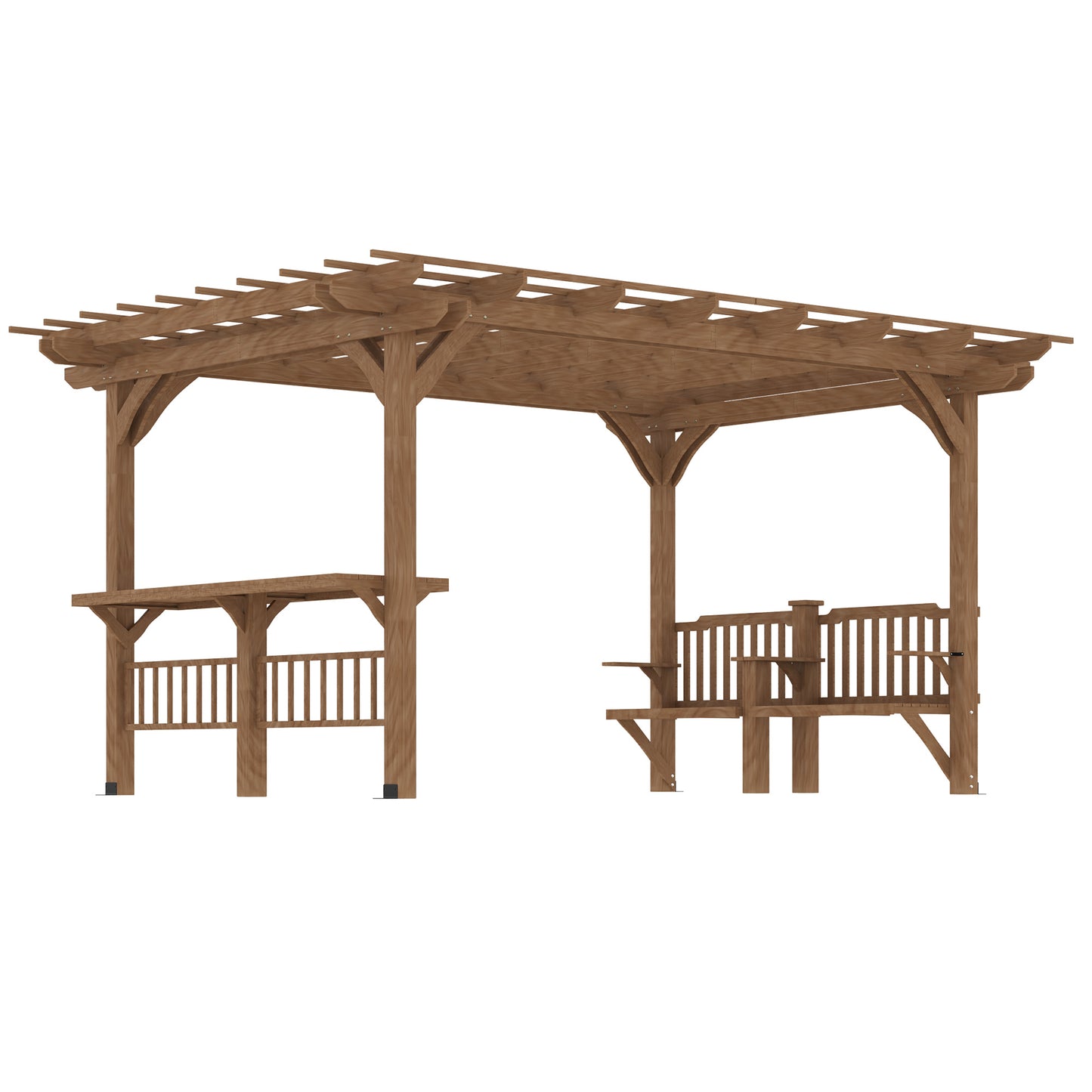 14' x 10' Outdoor Pergola, Wooden Gazebo Grill Canopy with Bar Counters and Seating Benches, for Garden, Patio, Backyard, Deck