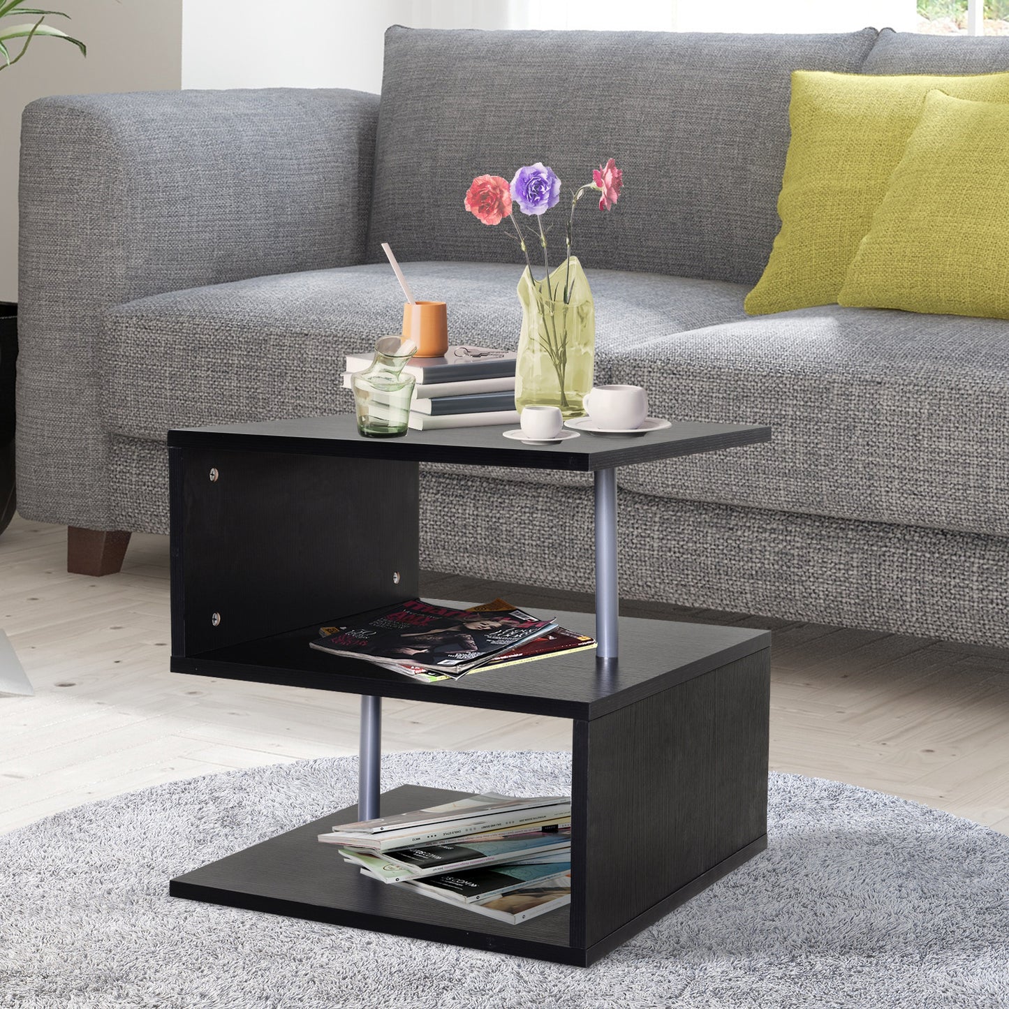 Wooden S Shape End Table 3 Tier Storage Shelves Organizer Living Room Side Table Desk Black