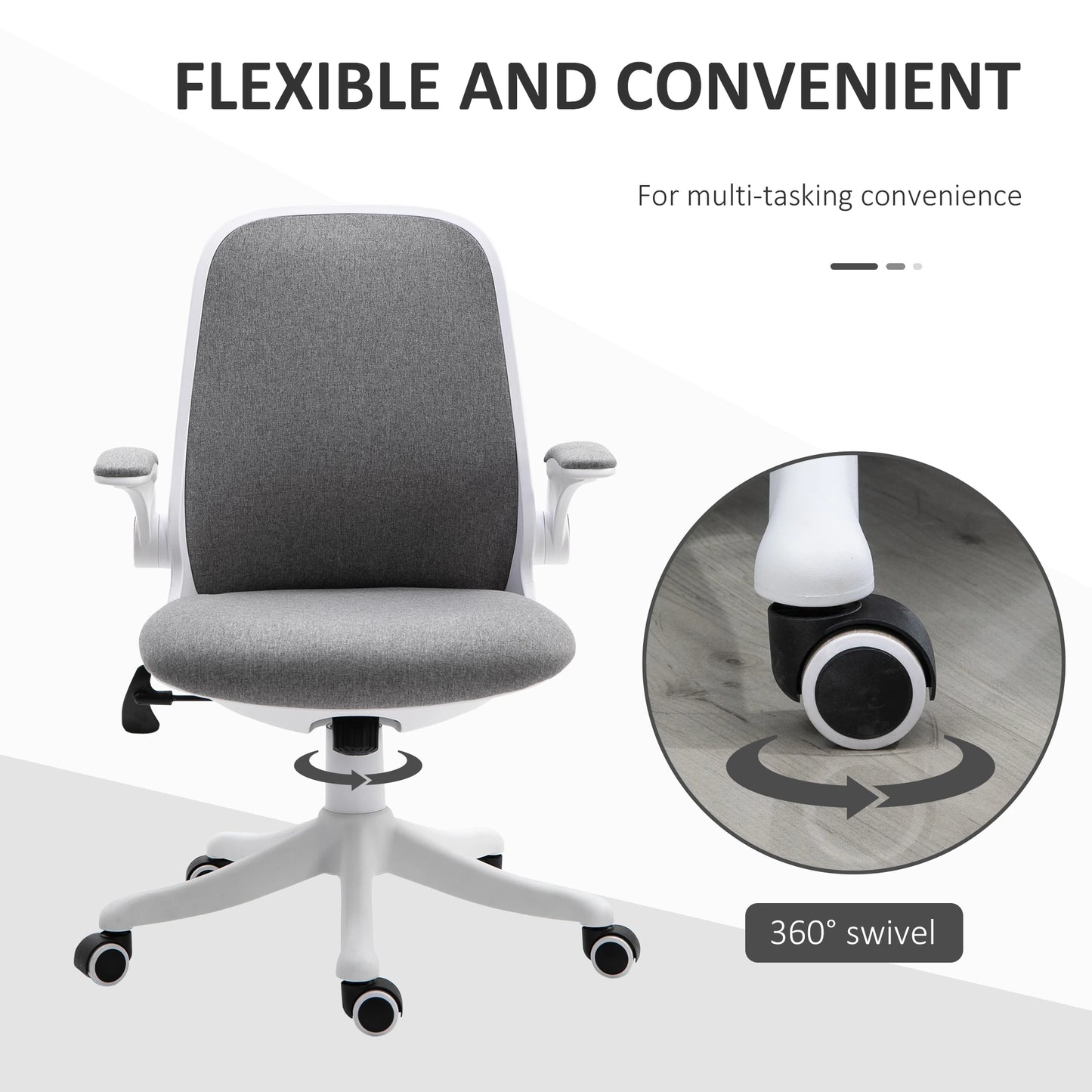 360° Swivel Task Desk Office Chair Breathable Fabric Computer Chair with Flip-up Arms and Adjustable Height, Grey