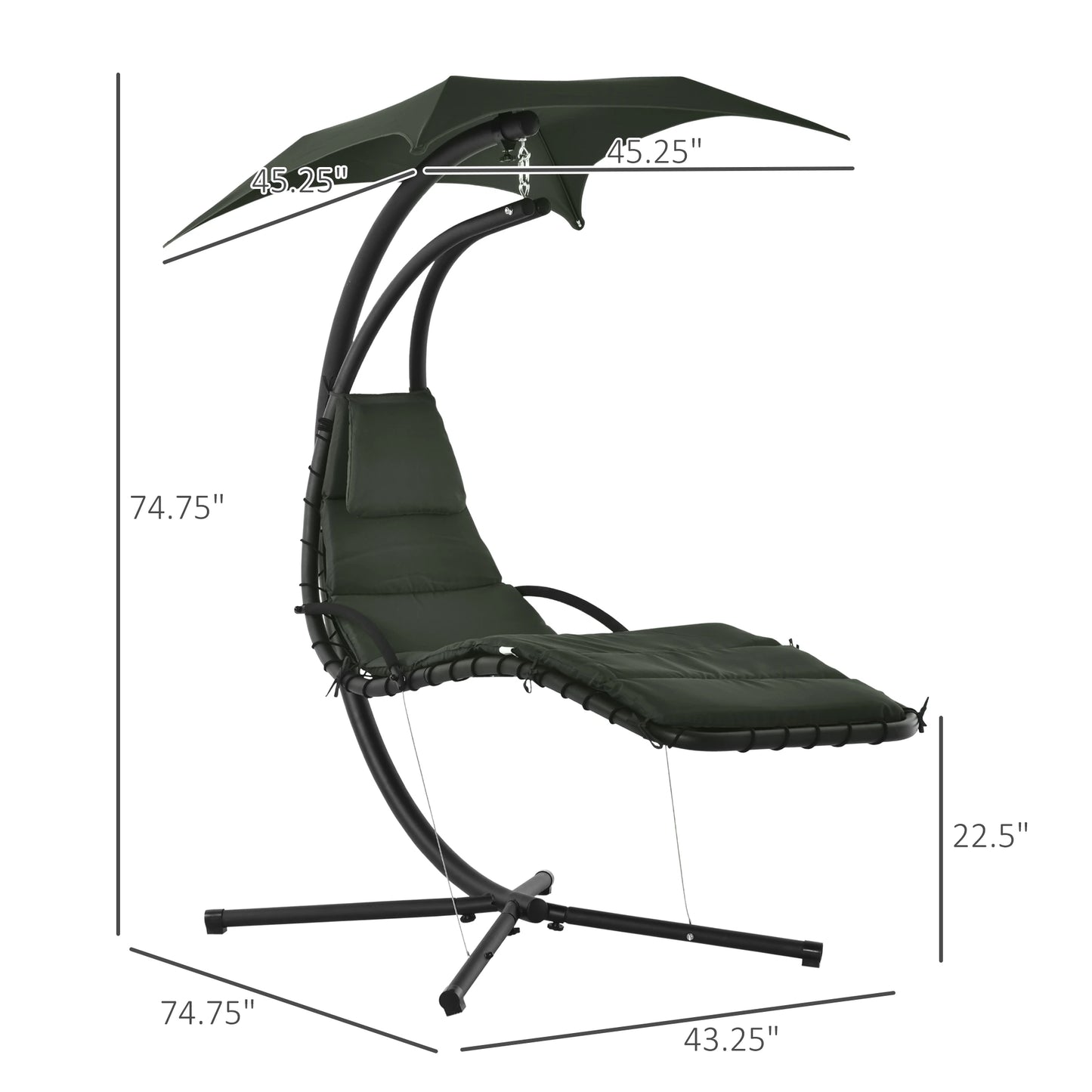 Outsunny Floating Chaise Lounge Outdoor Porch Swing Chair Hanging Hammock Reclining Seat with Arc Stand and Canopy, Charcoal Grey