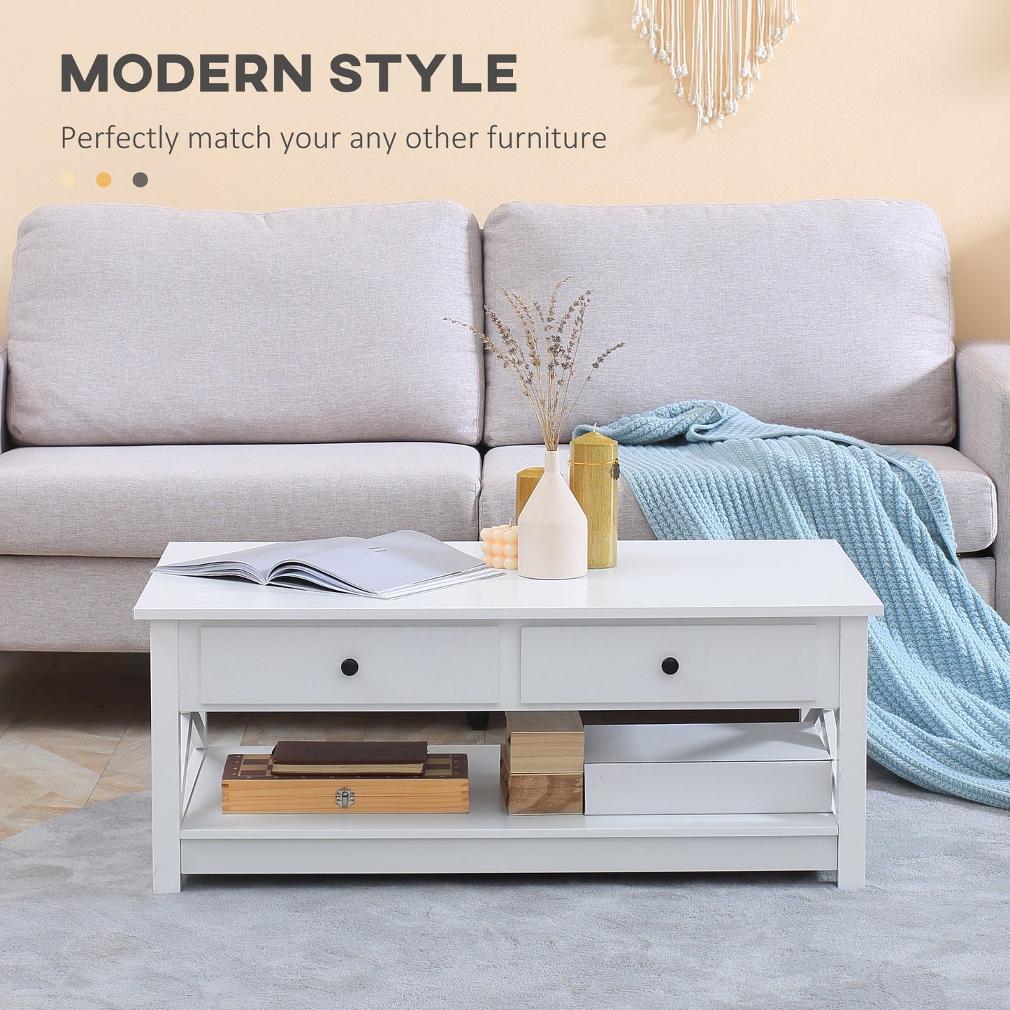 Coffee Table with Storage Drawers and Open Shelf, Modern Centre Table for Living Room, White