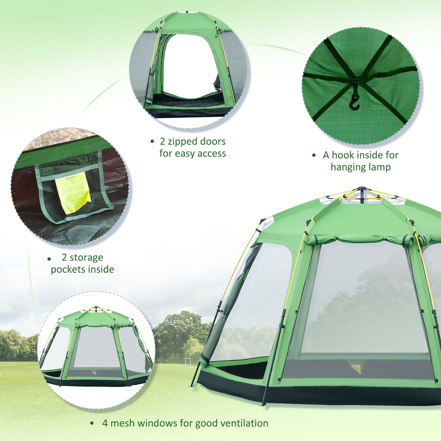 Outsunny 6 People Pop Up Design Camping Tent, 2-Tier Fabric Backpacking Tent with 4 Windows 2 Doors Portable Carry Bag for Fishing Hiking, Green