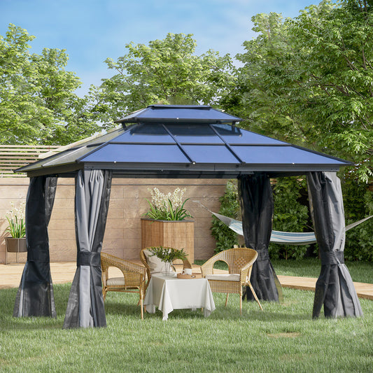 Outsunny 12' x 10' Polycarbonate Hardtop Gazebo Canopy Double Tier Roof Aluminum Frame, Black