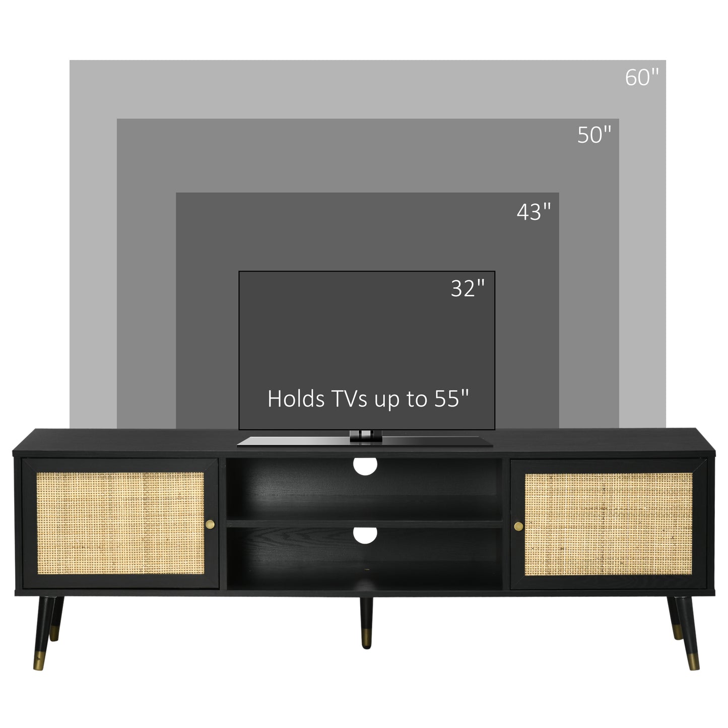 TV Cabinet Stand for TVs up to 55 Inches, Entertainment Centre with Shelves and Rattan Doors for Living Room