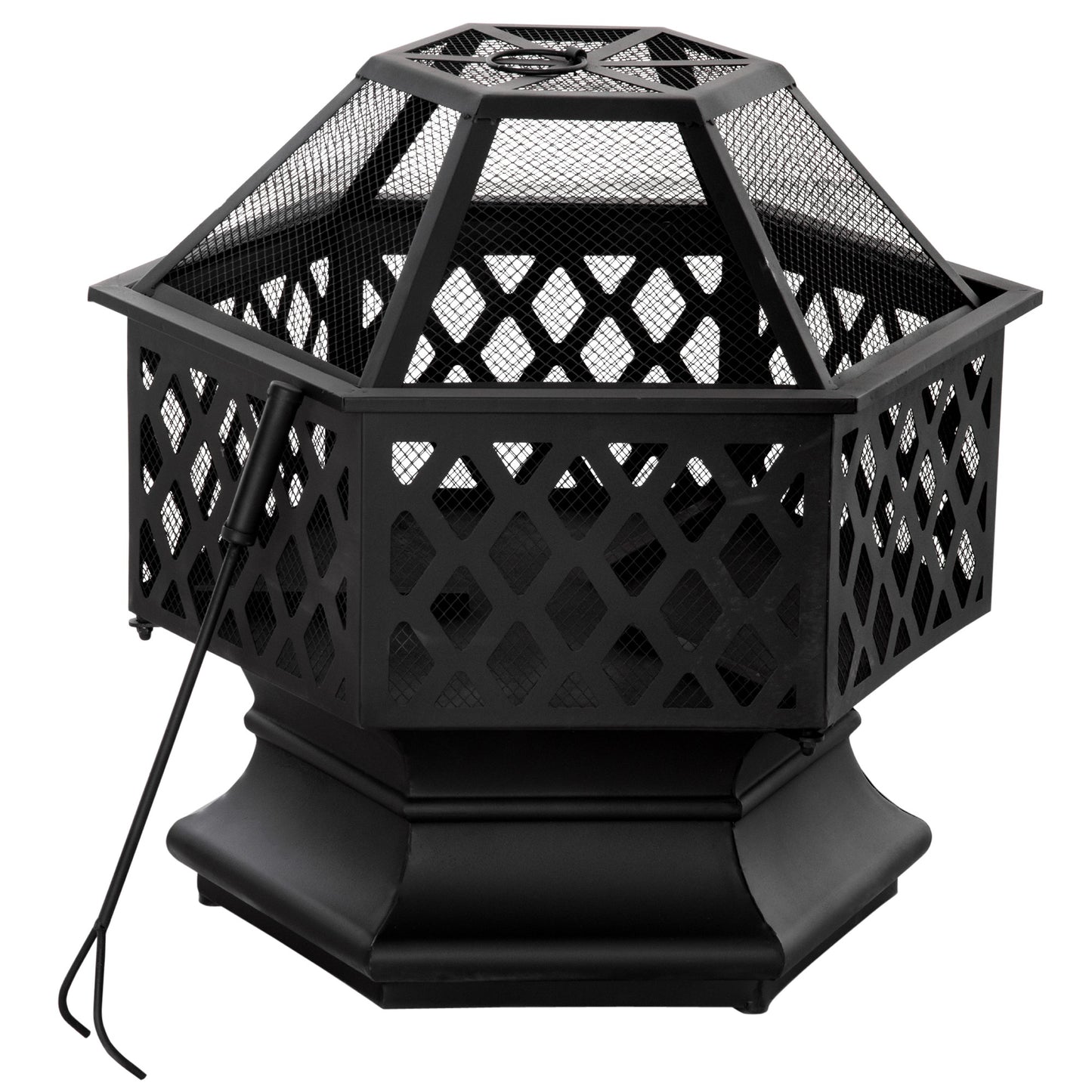 Outsunny Outdoor Fire Pit with Screen Cover, Portable Wood Burning Firebowl with Poker for Patio, Backyard, Black