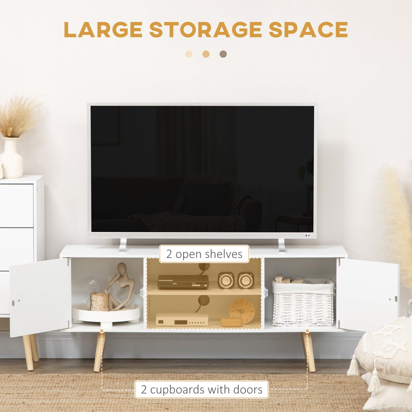 TV Stand Cabinet for TVs up to 55 Inches, Entertainment Unit with Storage Shelves and Wood Legs for Living Room, White