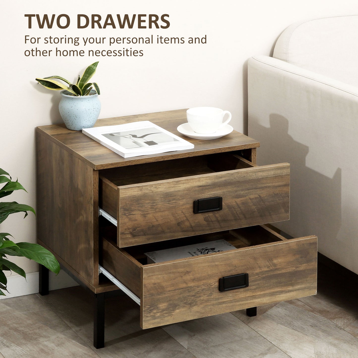 Nightstand with Storage, Retro Bedside Table, Side Table with 2 Drawers, Steel Frame for Bedroom, Living Room, Coffee