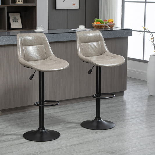 Adjustable Bar Stools Set of 2, Modern Kitchen Stools, 360 Degree Swivel Bar Height Chairs in PU Leather with Footrest, Grey