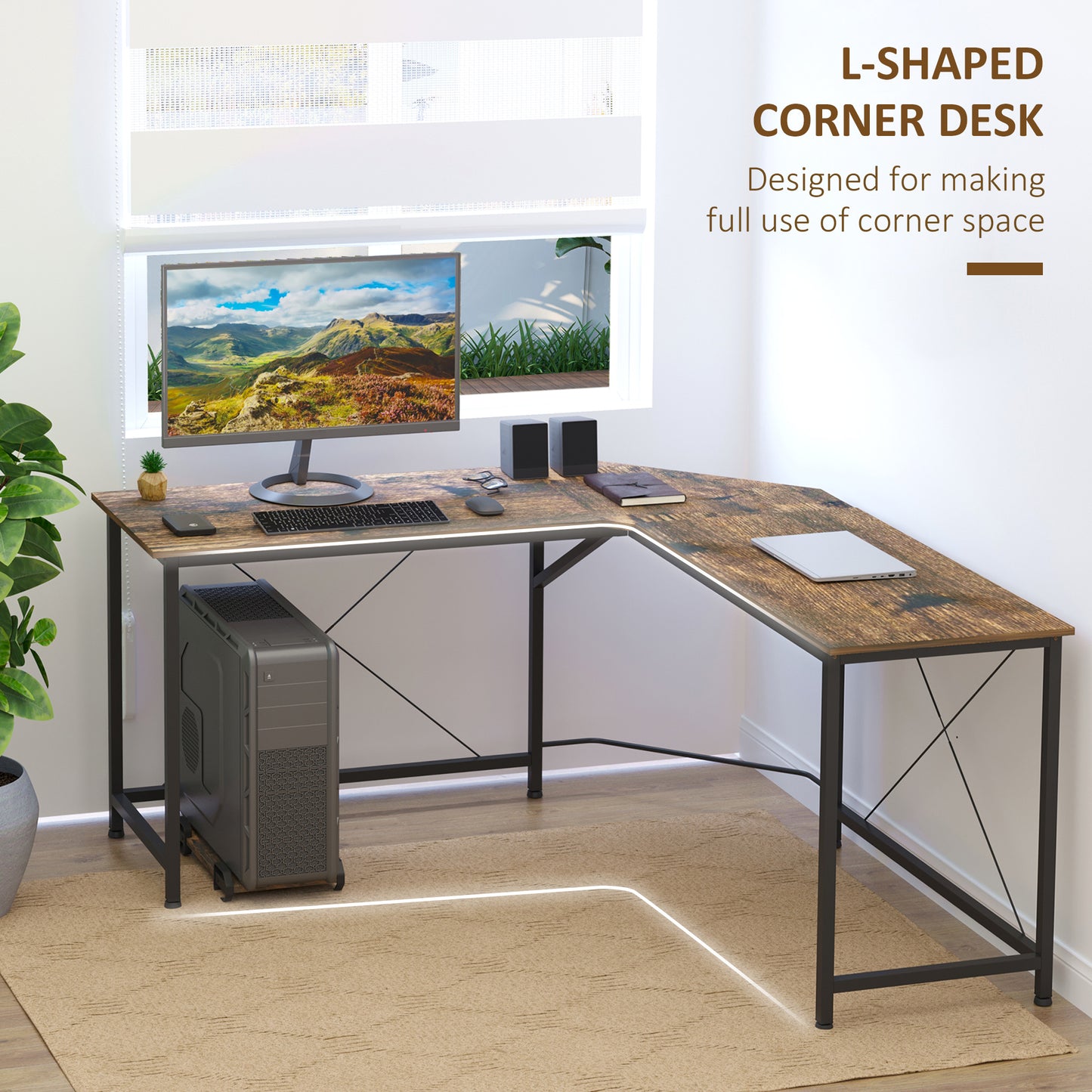 L-Shaped Computer Desk, 59" Corner Table for PC with CPU Holder Stand, Industrial Writing Workstation for Home Office, Study, Dorm, Rustic Brown