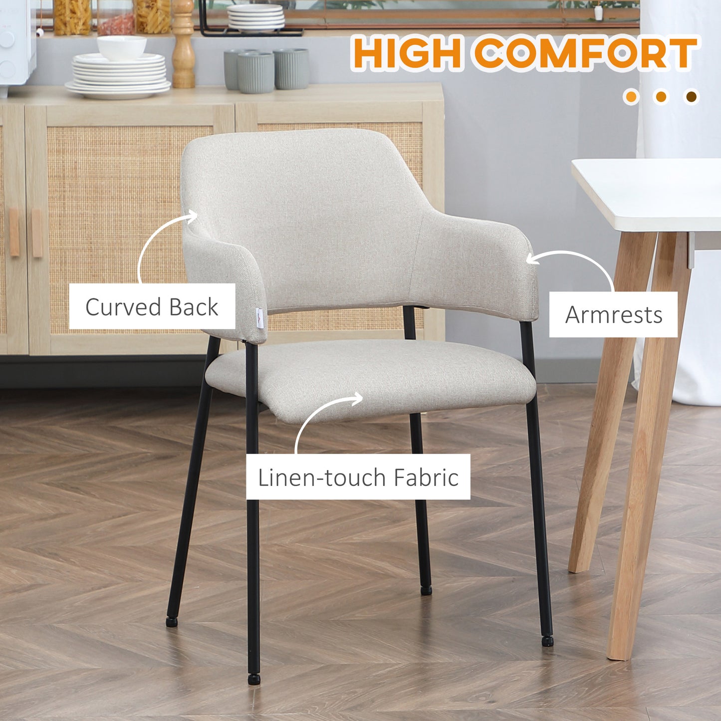 Modern Dining Chairs Set of 2, Linen Touch Fabric Accent Chairs with Armrests, Kitchen Chairs with Steel Legs for Living Room, Beige